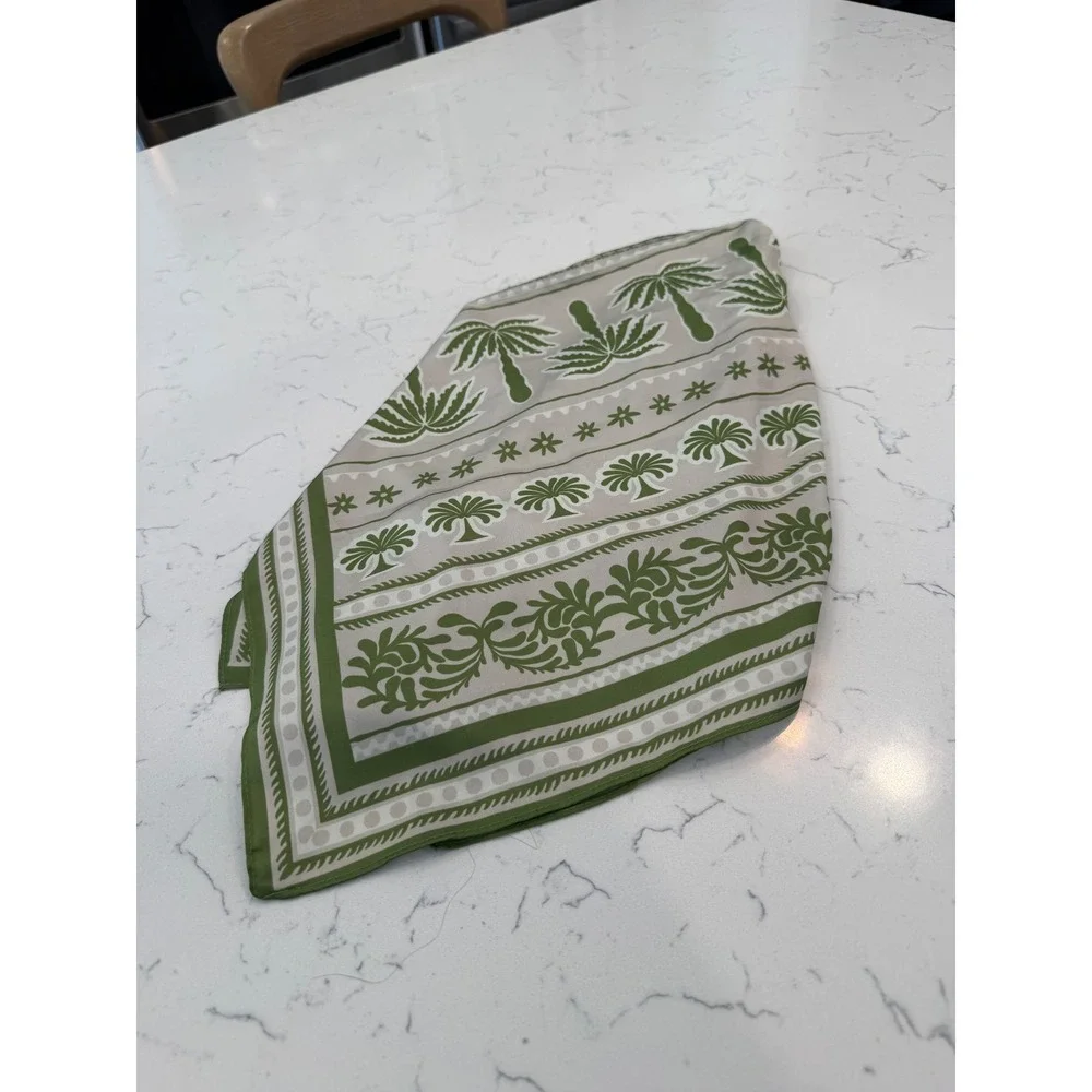 Tropical Palm Tree Print Square Scarf Olive Green Tan Neckerchief 27x27